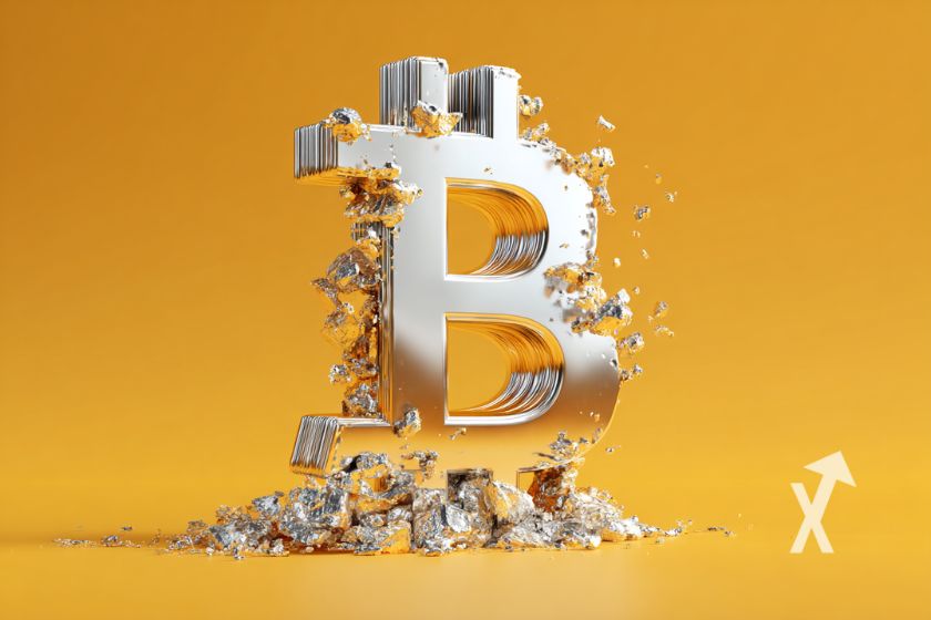 logo du Bitcoin en argent sur un fond orange