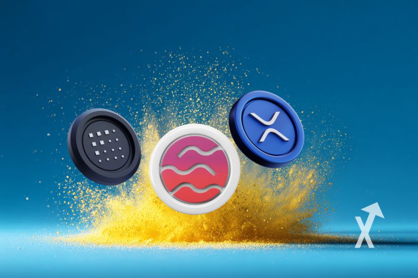 coin xrp, fet et sei sur un fond bleu avec une explosion jaune derrière