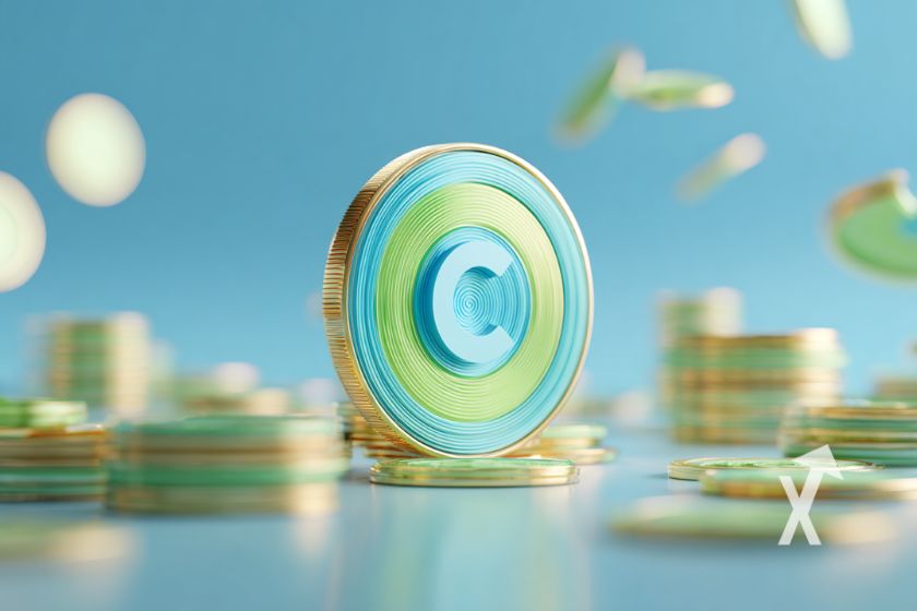 coin coinbase sur un fond bleu ciel et des tokens en or qui volent et posés sur le sol