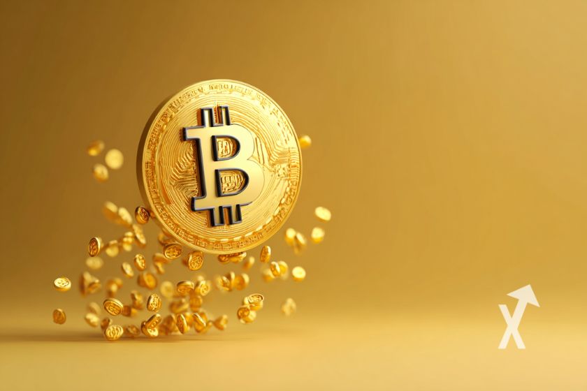 coin Bitcoin en jaune sur un fond jaune avec des pépites d'or en dessous du token