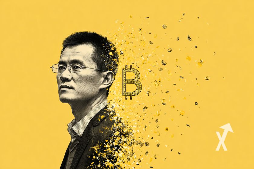 CZ sur un fond jaune avec un lgogo Bitcoin derrière