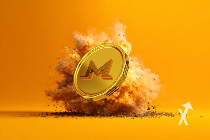 coin monero XMR en jaune sur un fond orange avec explosion en orange