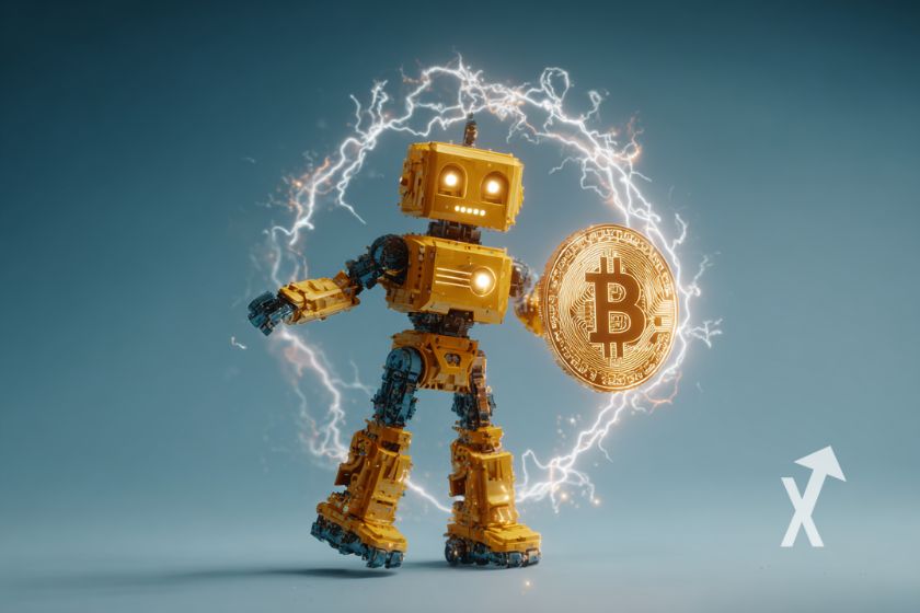 Image d'un robot jaune dans une aura avec un bitcoin qui vole devant lui, sur un fond bleu