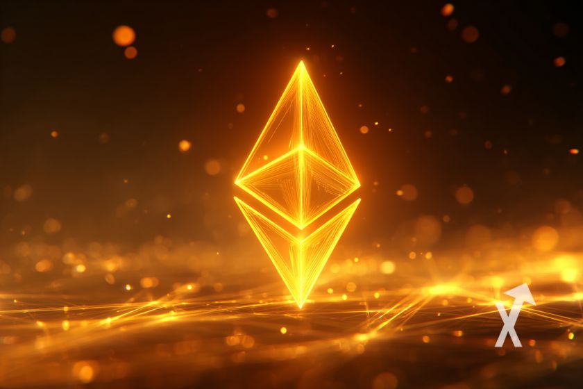 Ethereum logo en orange avec un fond noir er orange avec des lignes lumineuses