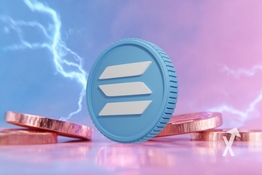 coin solana sur un fond rose et bleu avec électricité et des coins dorés au sol