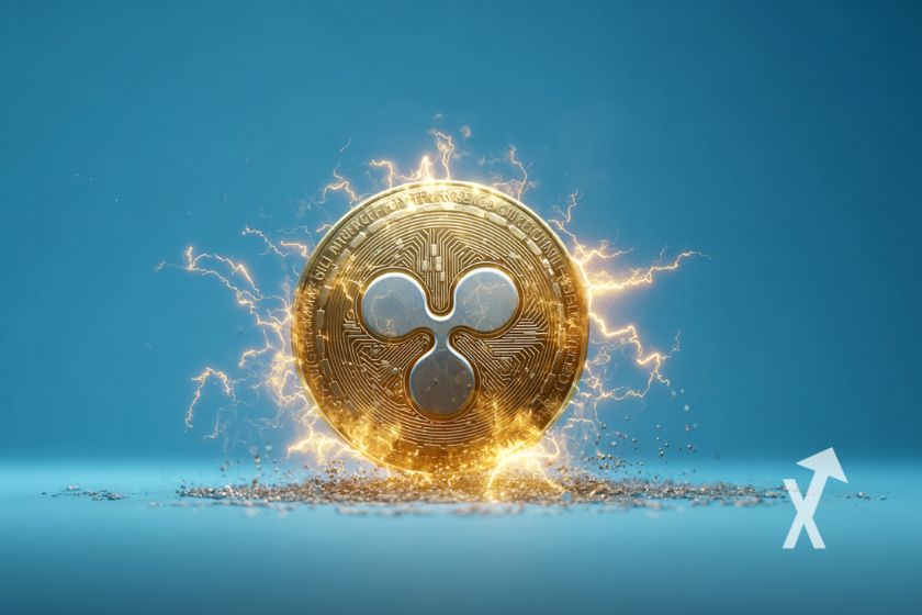 coin xrp en jaune avec électricité orange sur un fond bleu