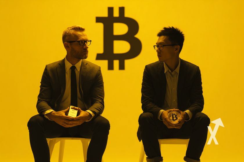 CZ et Peter schiff assis l'un à côté de l'autre sur un fond jaune avec un Bitcoin derrière