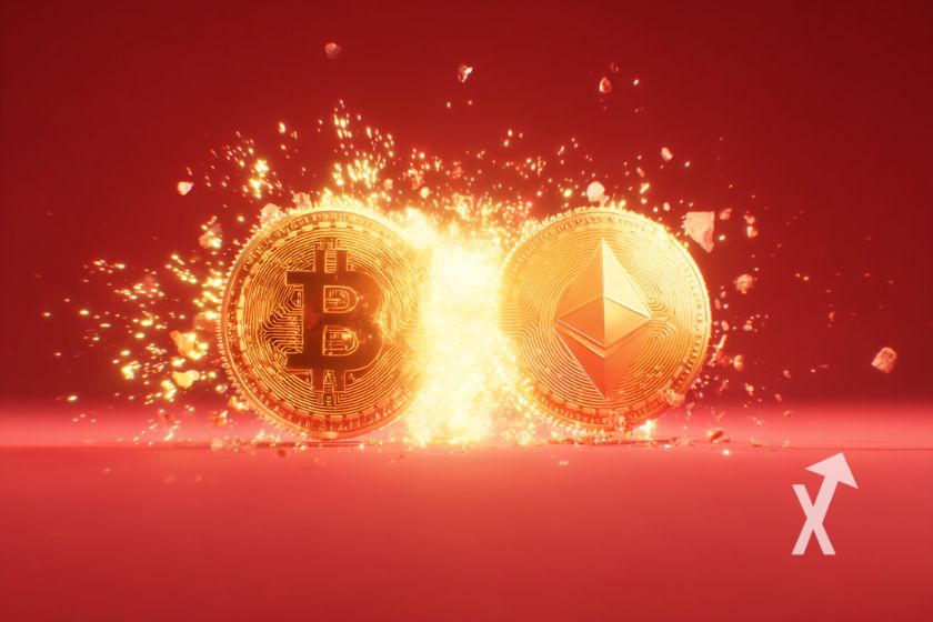 coin ethereum Bitcoin sur un fond rouge avec explosion et étincelelles