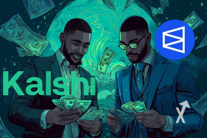 deux hommes en costume qui comptent des billets dollars sur un fond vert avec logo Kalshin et Polymarket