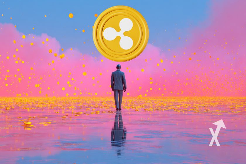 homme de dos dans un univers rose et bleu, coin XRP en jaune dans le ciel