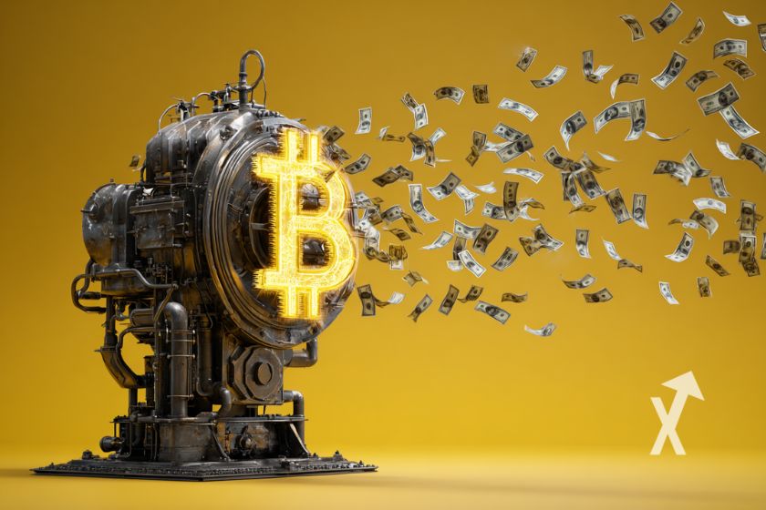 Mineur Bitcoin en machine avec un Bitcoin logo dessus sur un fond jaune avec billets dollars qui volent.