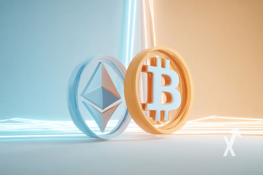 coin ethereum en bleu et bitcoin en jaune sur un fond néon lumineux bleu et jaune