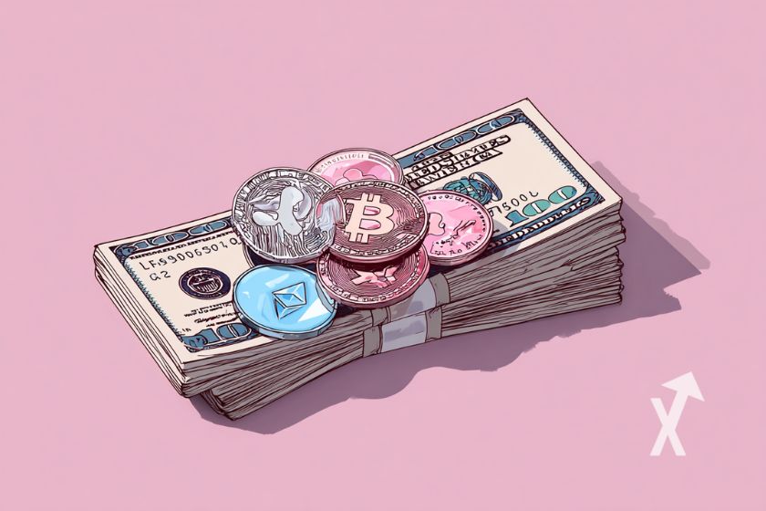 Liasse de dollars avec des tokens crypto