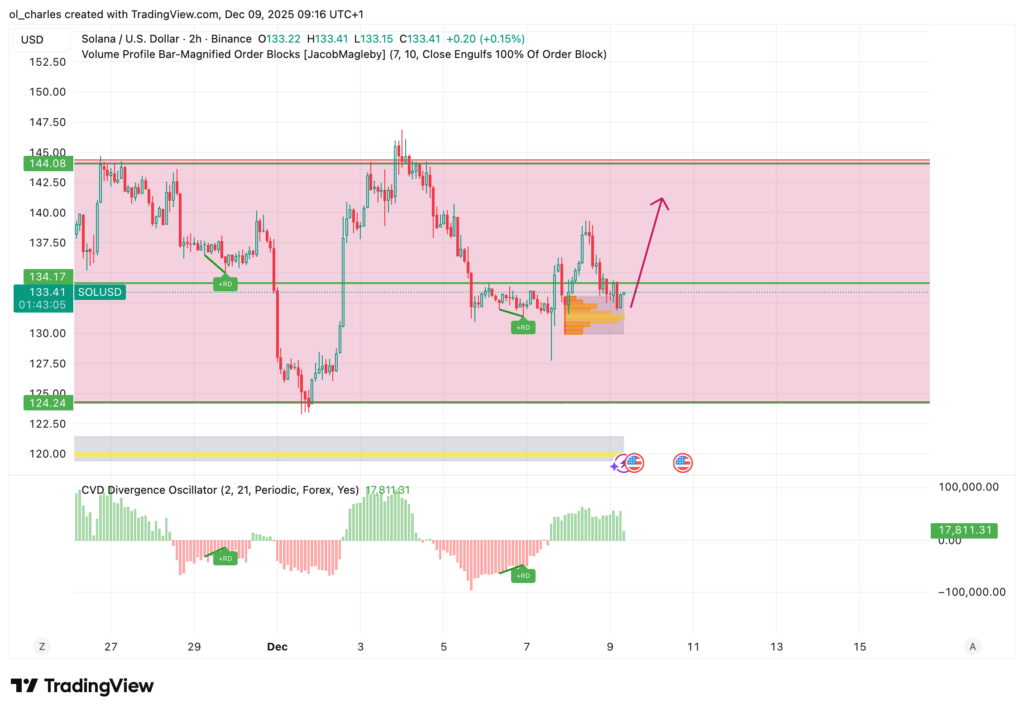 cours du solana en 2 heures avec Order Block et zone rose pour la range