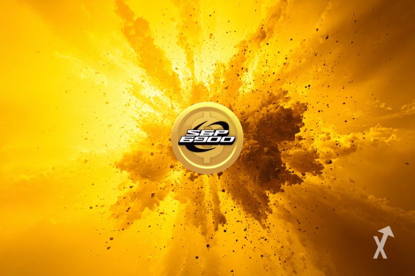 Un token jaune avec le logo de SPX sur le fond d'une explosion jaunâtre