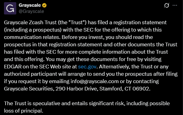 tweet de grayscale à propos de l'etf zcash