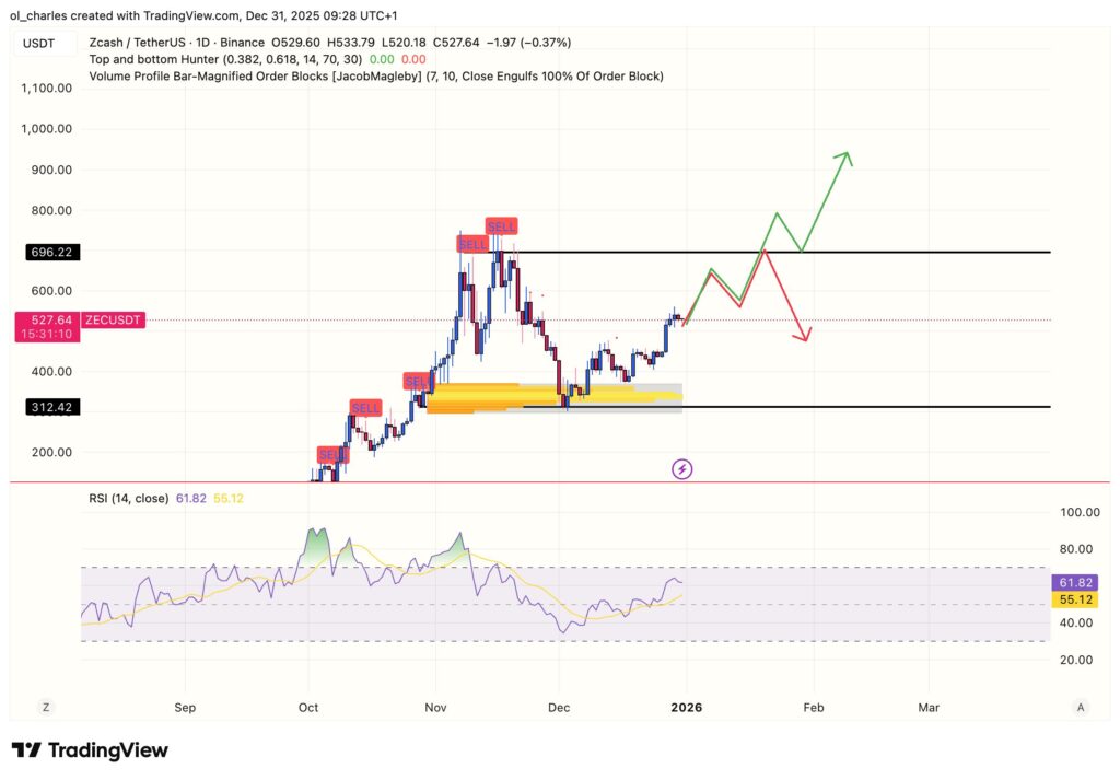 cours du Zcash ZEC en 1 jour avec order block