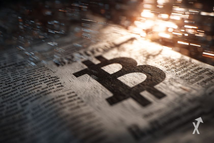 Un journal version papier sous la pluie avec le logo du B de Bitcoin imprimé en noir
