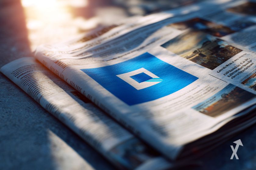 Un journal en papier avec en carré bleu en image de couverture