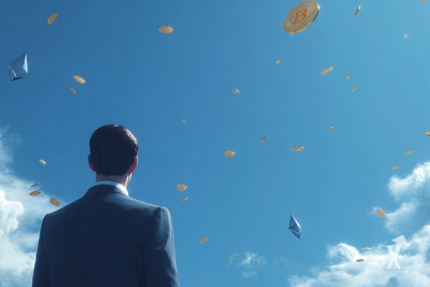 Un homme en costume vu de dos en train de regarder un ciel bleu rempli de logos Ethereum et de pièces de Bitcoin