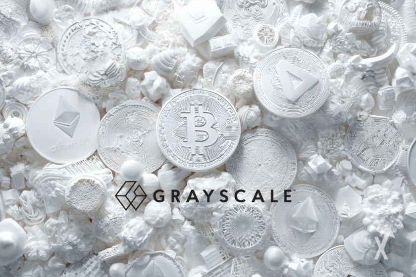 Un fond totalement blanc avec des tokens de crypto et le logo Grayscale en noir