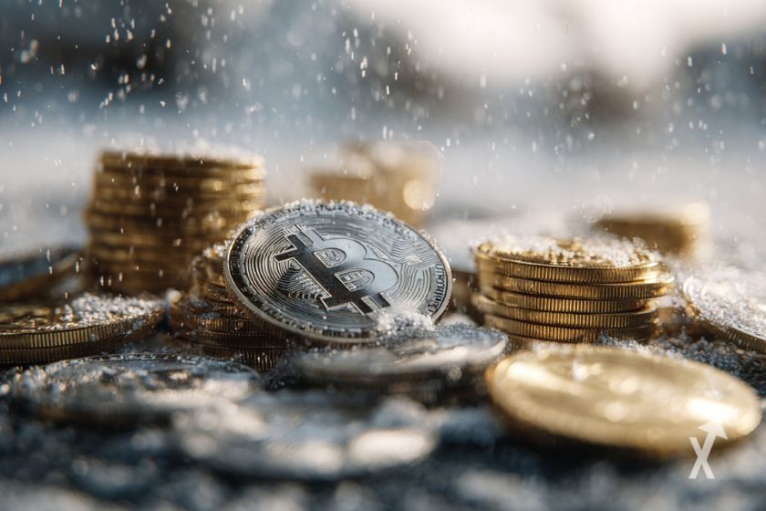 Des pièces de cryptos sous la neige dont une avec le logo Bitcoin