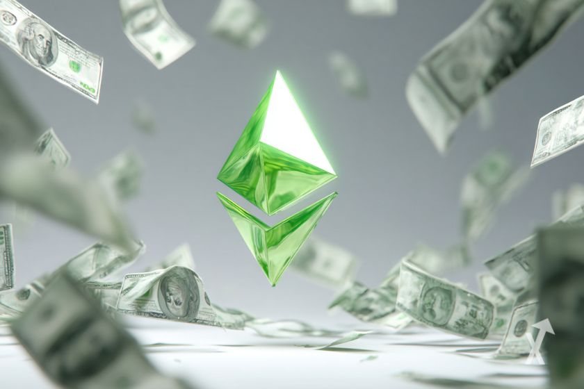 Le logo d'Ethereum en vert autour de billets volant sur un fond blanc