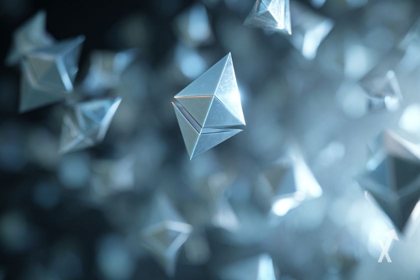 Des logos 3D d'Ethereum en gris en train de voler