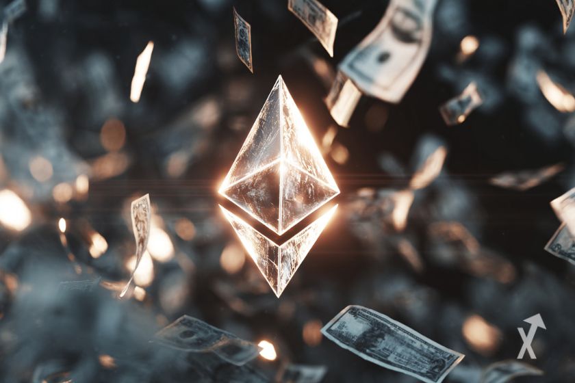 Le logo Ethereum illuminé au milieu, entouré des billets de dollars