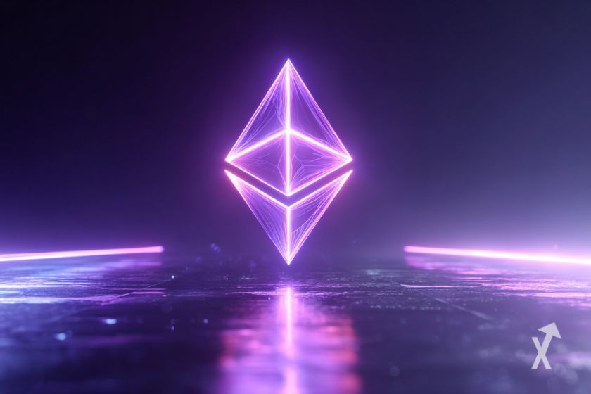 Le logo de Ethereum en surbrillance violette sur un fond violet foncé avec des lumières
