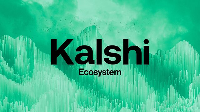 Visuel Kalshi Ecosystem avec le logo Kalshi sur un fond vert abstrait représentant un paysage futuriste.