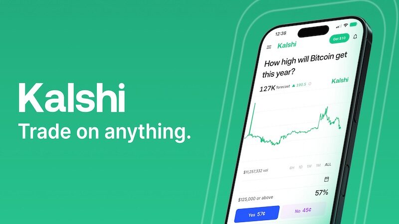 Interface de trading Kalshi affichant des contrats d’événements économiques et politiques, graphiques de prix et options d’achat Oui/Non pour investir sur les marchés de prédiction. sur fond vert 