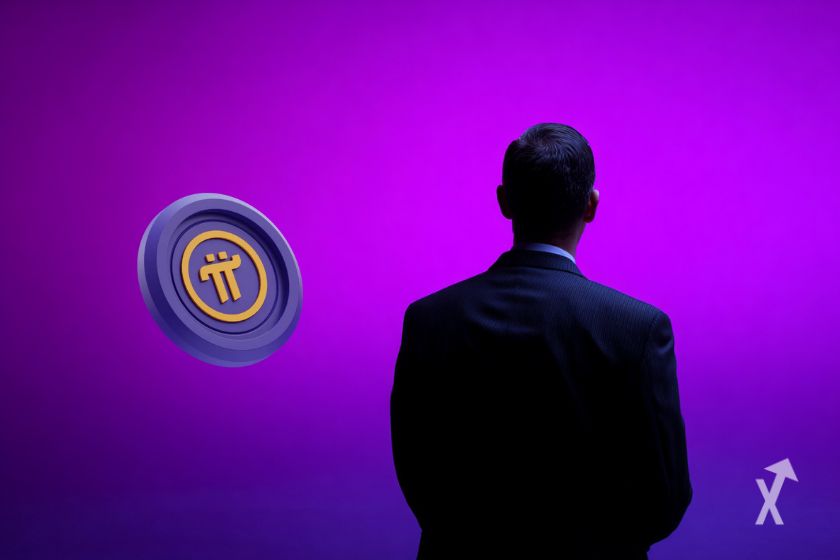 Un fond violet avec un homme d'affaires en costume et le token Pi Network sur la gauche