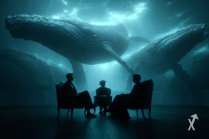 La réunion de la FOMC se déroulant avec trois personnes et des baleines nageant en fond