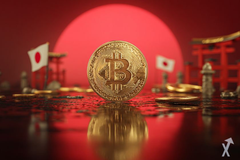 coin 3D bitcoin sur fond rouge, drapeau japonais en fond