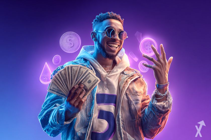 trader heureux montrant 5 airdrops crypto, avec des billets de dollars sur fond violet