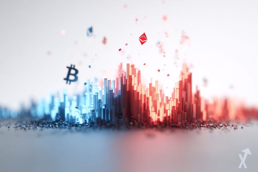 logo bitcoin et ethereum avec des bougies rouges et bleues sur fond blanc