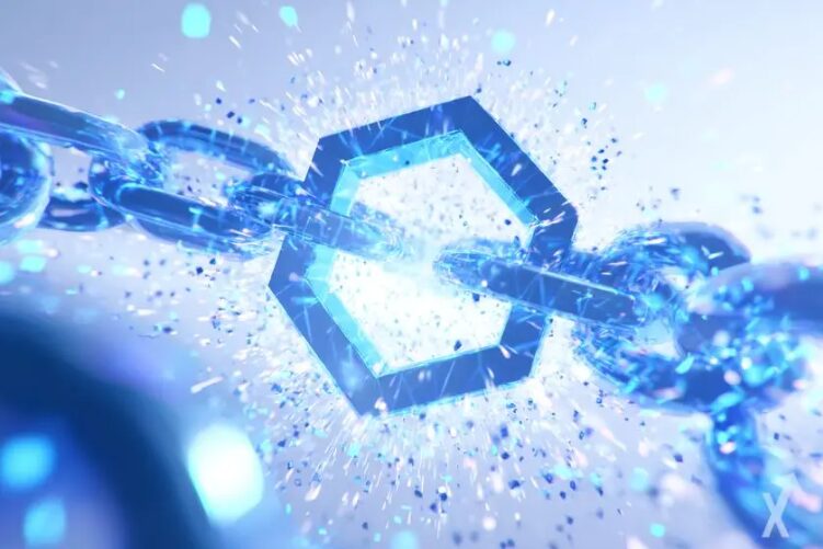 logo chainlink au milieu de chaines bleues dans un explosion blanche et bleue
