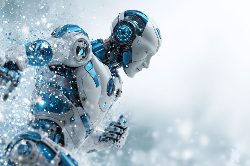 un robot ia qui court dans une explosion blanche sur fond clair