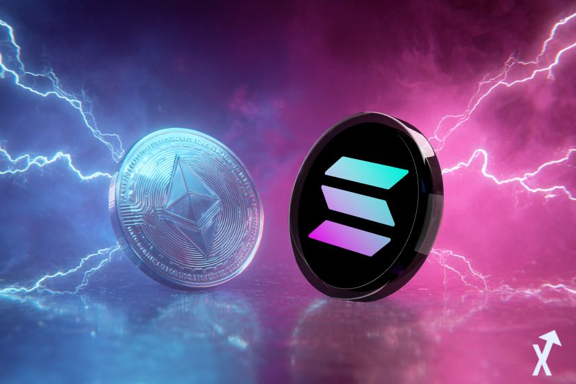 coin ethereum et solana en duel avec des éclairs sur fond bleu et rose