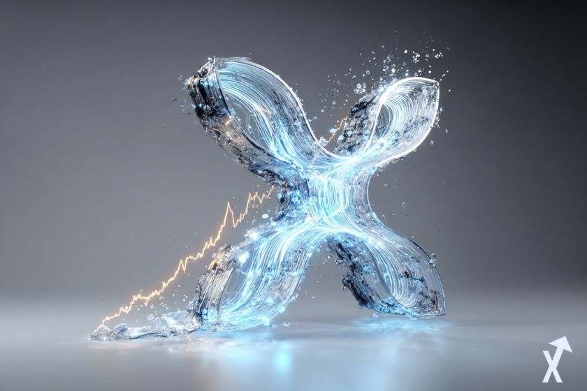 logo xrp avec une explosion, une courbe dorée qui monte sur fond gris