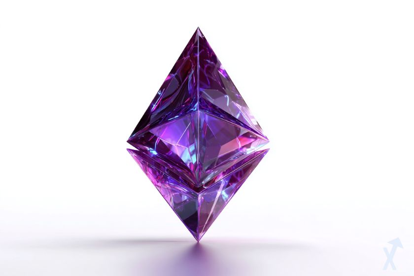 coin 3D ethereum sous forme de diamant violet, sur fond blanc