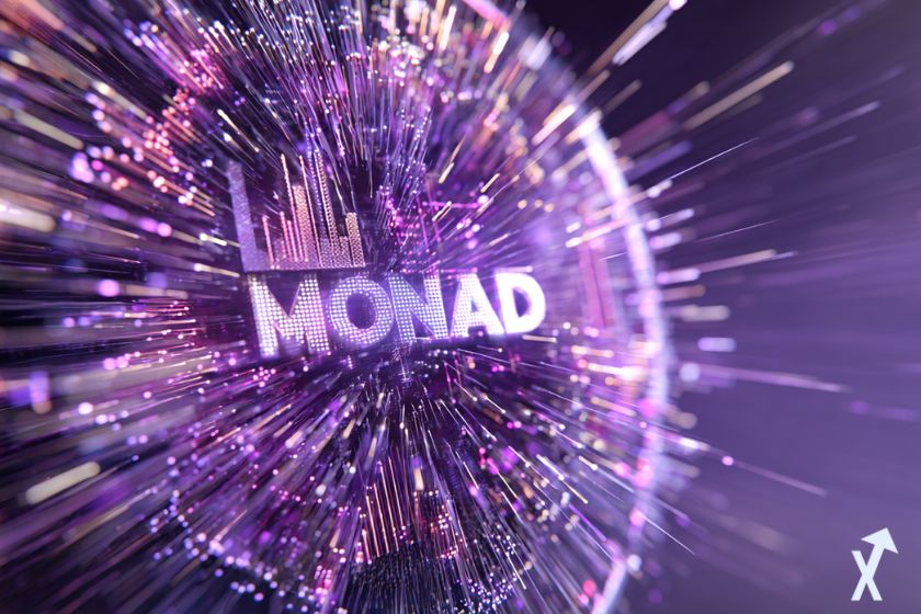logo monad violet entouré d'une explosion violette