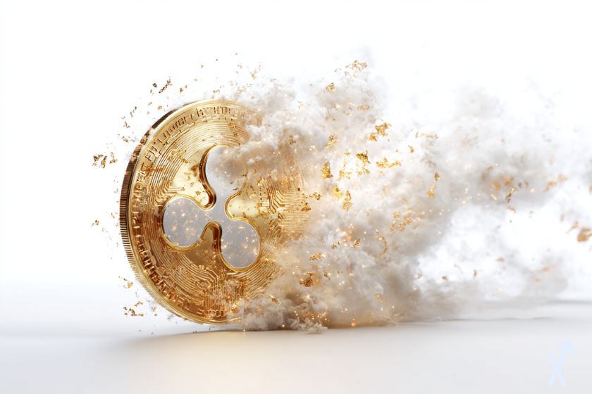 coin 3D xrp doré dans une fumée blanche