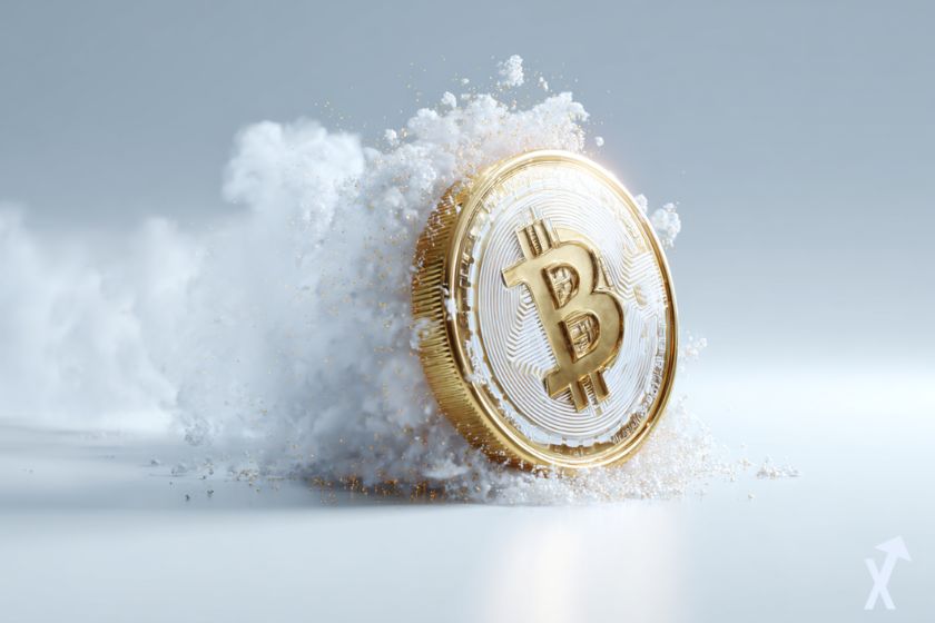 coin 3D bitcoin doré et blanc avec une fumée blanche sur fond gris