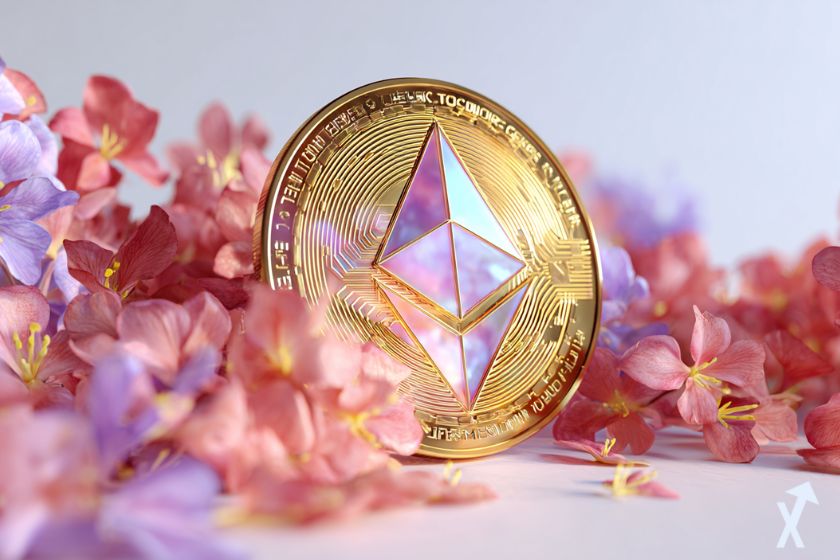coin 3D ethereum brillant dans un environnement fleuri