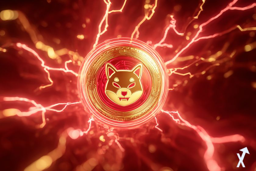 coin 3D shiba inu doré et rouge entouré d'électricité rouge sur fond rouge et doré