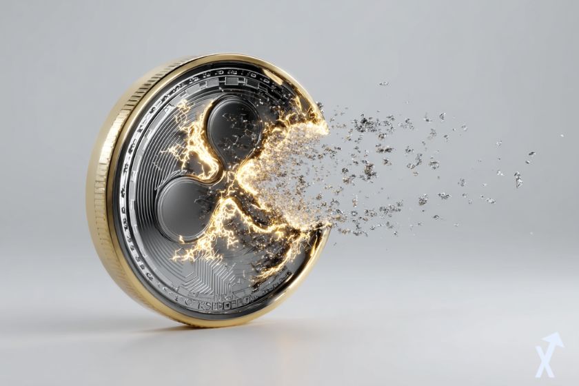 coin 3D ripple xrp gris et doré, fissuré sur fond gris