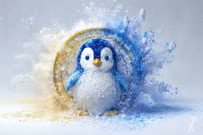 coin 3D pengu dans une explosion de neige sur fond blanc et bleu