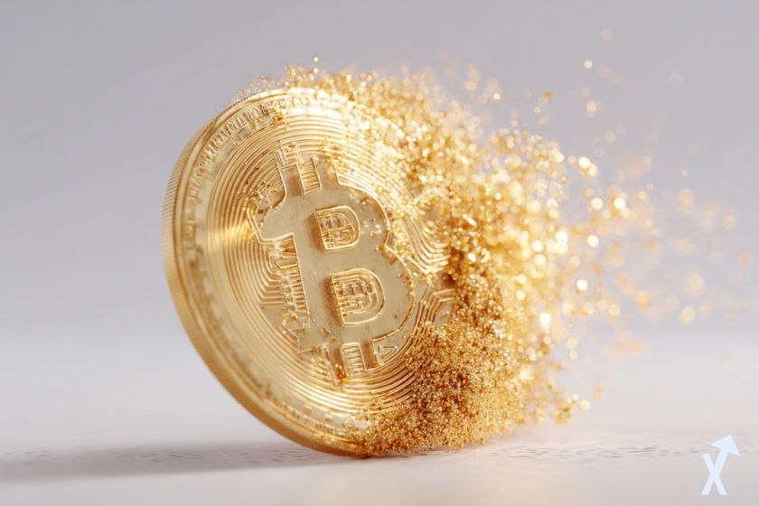 coin 3D bitcoin doré, avec des paillettes dorées, sur fond blanc